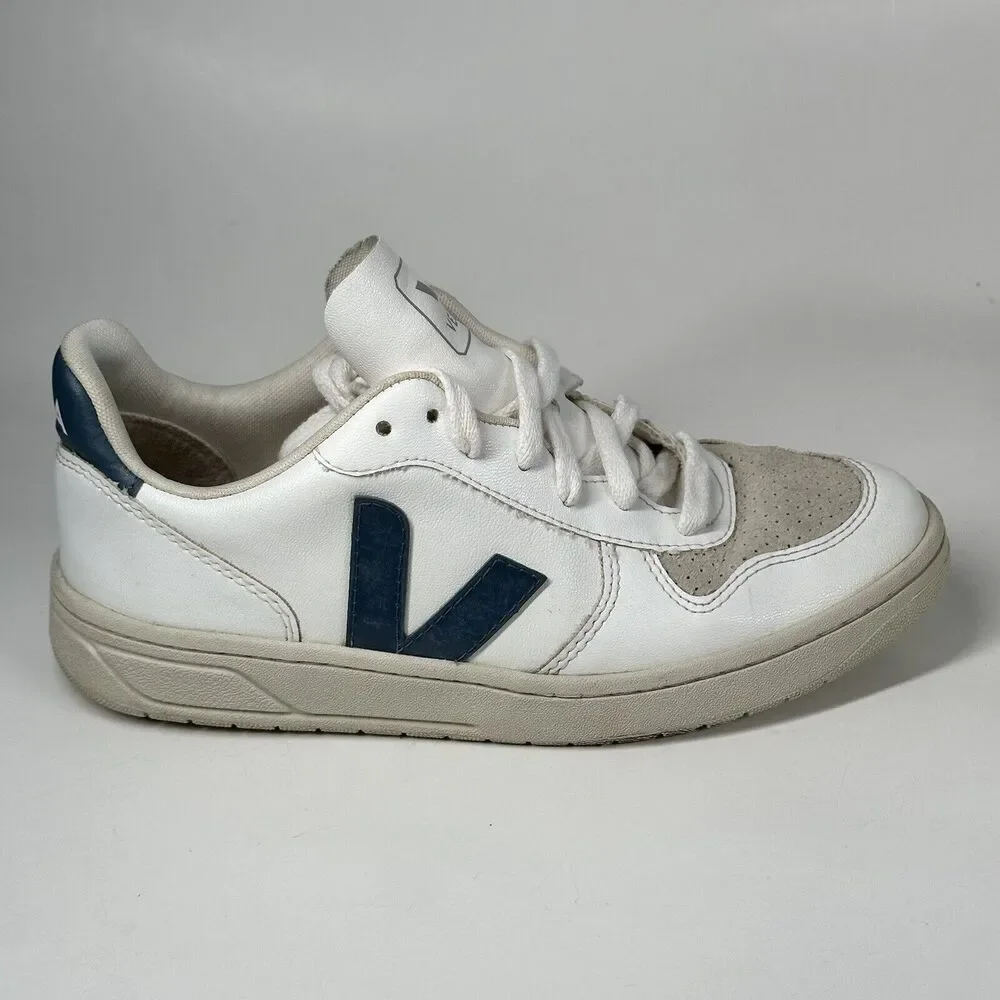 Veja Shoes Women Size 7 V-10 CWL California White Blue Logo Leather Sneakers - Picture 9 of 16